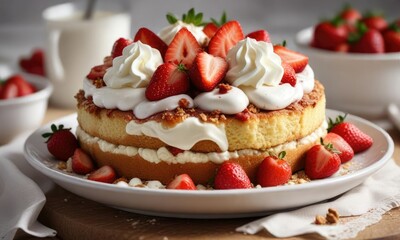 A bowl of fresh strawberries on top of an almond sponge cake with crumble topping and whipped cream, food presentation, strawberry dessert, baking