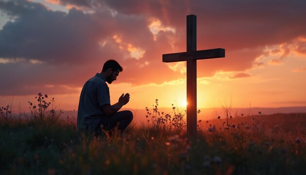Man praying near wooden cross on meadow grass field at sunset. Religion faith belief repentance prayer forgiveness hope in Jesus Christ and salvation concept for design layout.