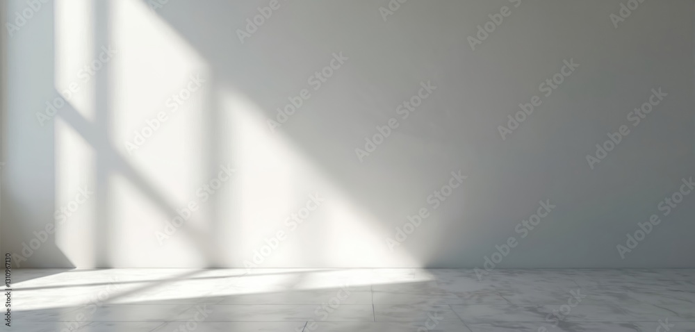Poster Minimalistic studio room interior with light grey wall. Sun rays from window create abstract shadow pattern on wall and floor with gradient. Clean empty stage for mockup presentation, product display.