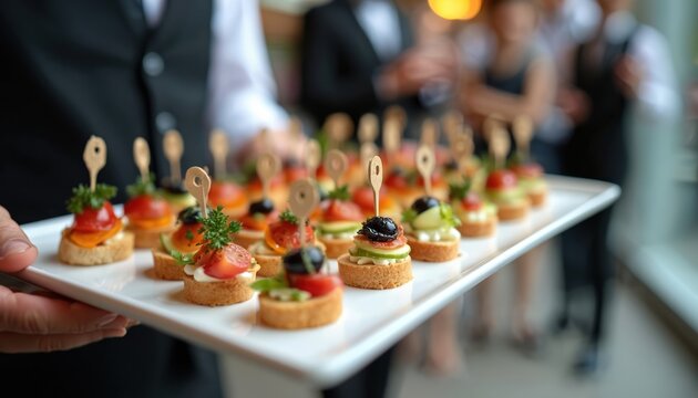 Close-up of waiter serving finger food on tray during cocktail party. Catering service offers appetizers canapes, delicious desserts. Gourmet snacks on banquet for celebrating wedding ceremony,
