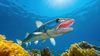 Naklejka premium Barracuda swimming near vibrant coral reef in clear ocean water.
