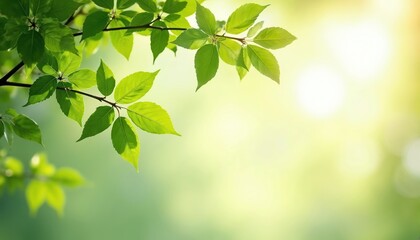 Fresh vivid green leaves branch on sunlit bokeh background. Nature background with tranquil foliage, vibrant plant. Bright daylight scene with peaceful leaf texture evokes calm. Spring summer natural