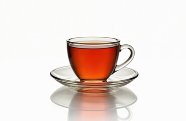 Obraz premium Aromatic hot black tea in transparent glass cup on saucer. Healthy herbal beverage served in teacup on white background. Fresh, tasty, antioxidant drink for breakfast, relaxation. Morning concept.