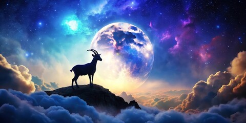 Majestic Goat Silhouette on a Mountaintop, Gazing at a Vibrant Celestial Sphere Adorned with Sparkling Stars and Swirling Nebulae