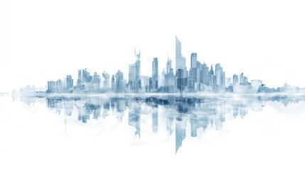 Fototapeta premium Cityscape reflection, foggy morning, urban skyline, design