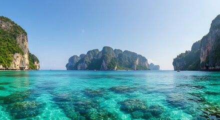 Obraz premium Tropical Island Landscape with Turquoise Water and Rocky Cliff Formations