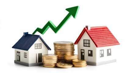 Rising house prices Two model homes and coins, upward arrow