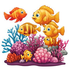 Fototapeta premium Cartoon Fish Swimming in Coral Reef with Bright Color Palettes, Underwater Worlds and Oceanic Mysteries Concept