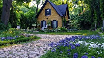 Charming Yellow Brick Cottage  Flower Garden  Stone Path  Home Exterior