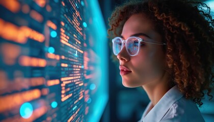 Young woman analyzes digital holographic data. Programmer with curly hair, stylish glasses stares at screen, looks concentrated and curious. Software developer, data analyst in modern workplace.
