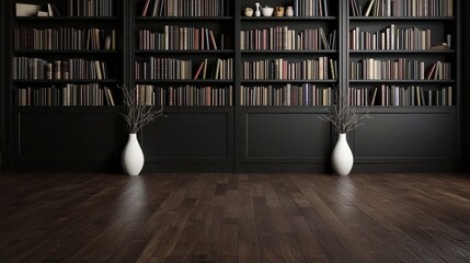 Elegant Modern Library Interior with Dark Wood Shelves and Decor