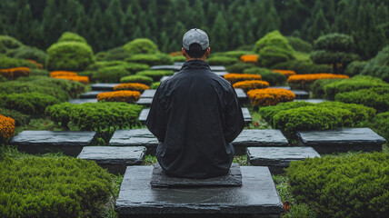 Person meditating in Japanese garden with manicured shrubs and pathways