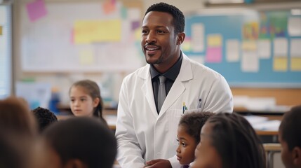 A middle-aged Arab male scientist in a white lab coat enthusiastically engages a diverse group of curious children, explaining scientific concepts with visual aids in a bright, inviting classroom.