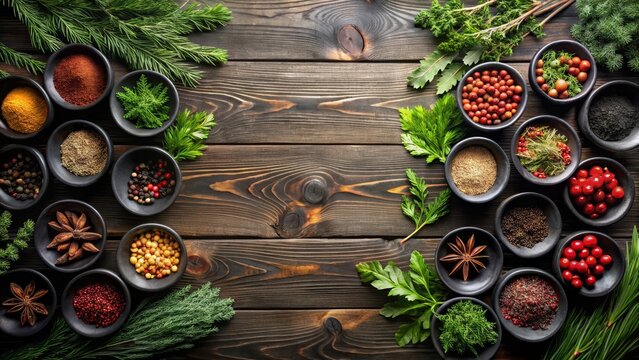 Aromatic Culinary Herbs and Spices Arranged on Dark Wooden Surface