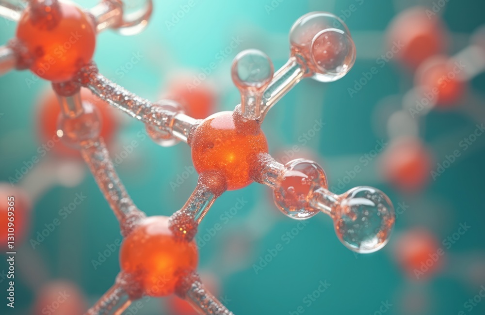 Aufkleber microscopic molecular structure with orange spheres connected by transparent rods on blue background
