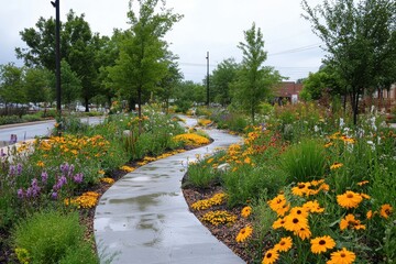 Obraz premium Curving sidewalk bordered by vibrant wildflowers and lush greenery after rain. Ideal for showcasing urban landscaping, nature, or peaceful outdoor scenes.