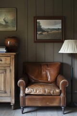 Rustic leather armchair in cozy room, paintings on wall, lamp