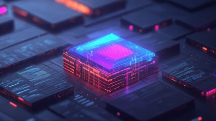 Glowing microprocessor chip on circuit board with colorful light effects