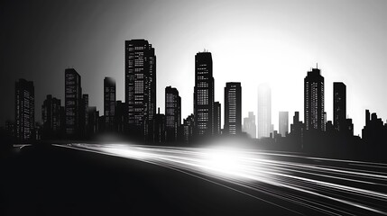 A monochromatic city skyline with bright light trails suggesting movement and energy.
