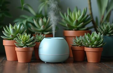 Fototapeta premium Collection of home flowers and succulent plants arranged near compact air humidifier. Idea Home Garden. Green botanical succulents in flowerpots for indoor interior decoration on wooden table.
