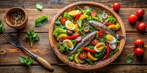 Aromatic Grilled Fish Salad with Boiled Eggs, Fresh Herbs, and Vibrant Vegetables Served on Rustic Wooden Bowl