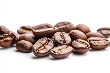 Fototapeta premium Freshly roasted coffee beans arranged on a white surface showcasing rich brown color and texture details