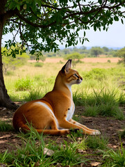 A Serene Moment of a Caracal Resting Under a Tree Observing the Wilderness