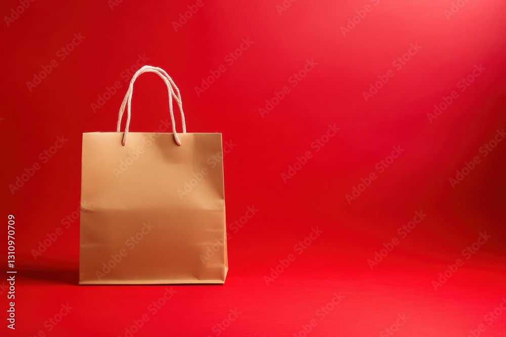 Poster brown paper shopping bag placed on a vibrant red background showcasing simplicity and elegance in a 