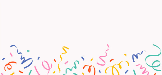 Abstract border, background of colorful falling top down confetti of multicolored curved lines, long ribbons, serpentine on light background, simple hand drawn illustration, flat style, copy space