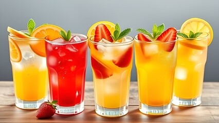 Fresh fruit juice in a glass with ice and slices of citrus fruits