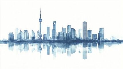 Shanghai skyline watercolor reflection, urban landscape, city background, architectural design