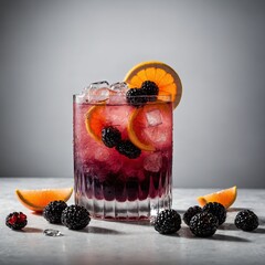 A refreshing Blackberry Paloma cocktail in a tall glass, filled with ice, garnished with fresh blackberries and a grapefruit slice, with condensation on the glass. White background.