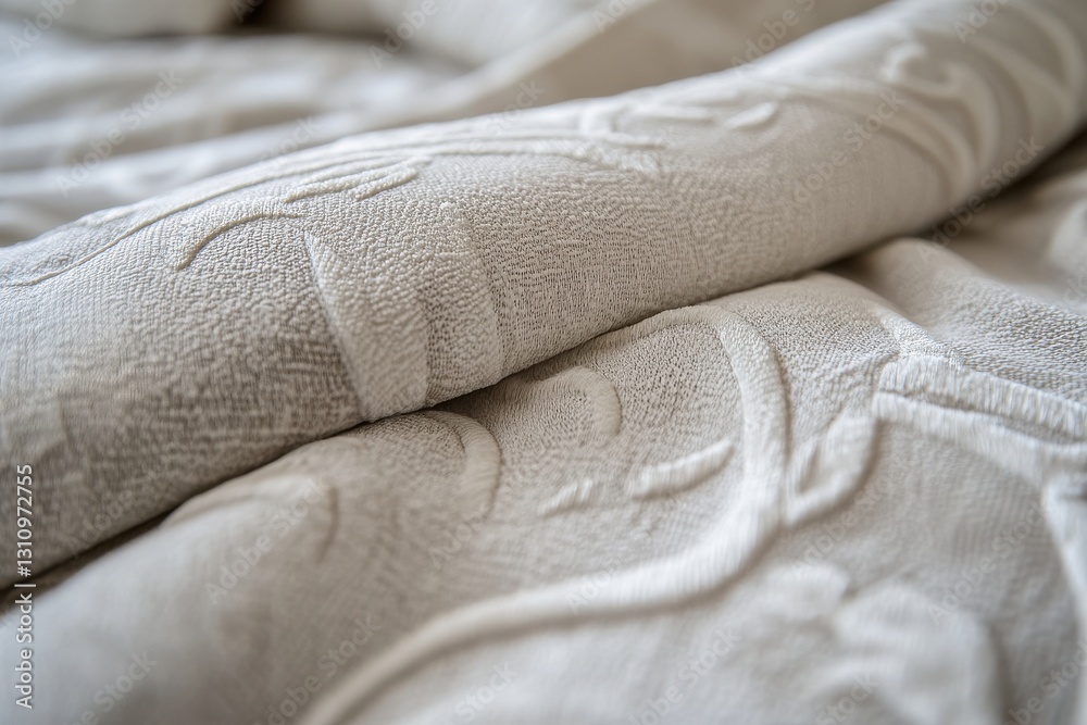 Poster Soft beige fabric with intricate patterns draping over a bed, creating a cozy atmosphere in a modern bedroom
