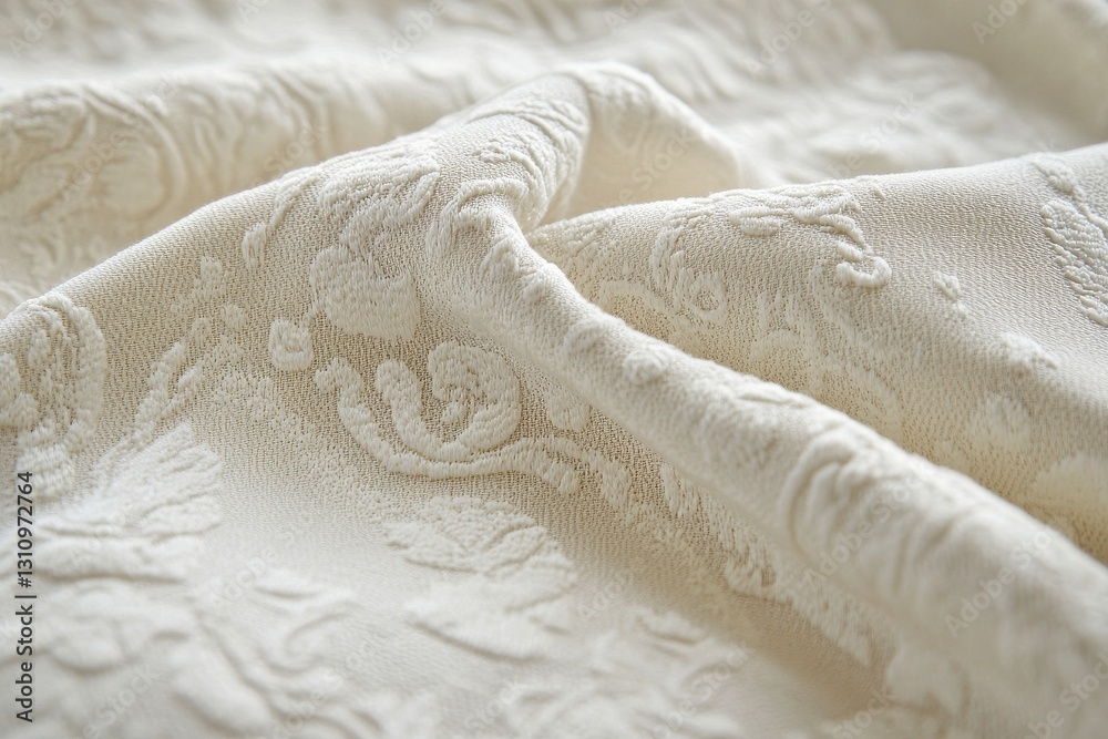Poster Soft white fabric with intricate texture displayed elegantly on a table during a sunny day