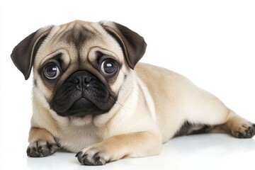 Cute pug lying down with big expressive eyes on a white background