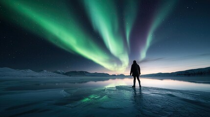 Aurora borealis northern lights idea. A traveler marvels at the stunning northern lights over a serene icy landscape.