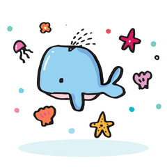 Hand drawing doodle cute whale vector illustration for t-shirt ,card, poster design for kids. Vector illustration design for fashion fabrics, textile graphics, prints, Cute whale cartoon