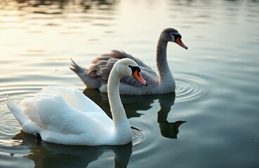 Fototapeta premium Two swans swim on lake. White swan floats foreground, grey juvenile cygnet background. Graceful waterfowl in natural setting, lake ripples, calm water, light reflection. Mute swan, cygnus olor.