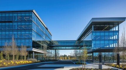 Obraz premium Modern glass and steel office building, symmetrical design, bathed in midday light, showcasing sleek architecture and urban professionalism.