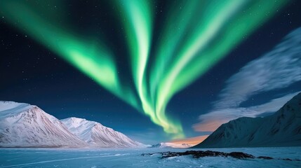 Fototapeta premium Aurora borealis northern lights idea. Mesmerizing aurora borealis illuminates a snowy mountain landscape at night.