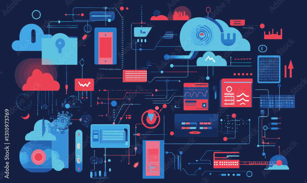 Poster cloud data management and synchronization tools in minimalist flat style vector art