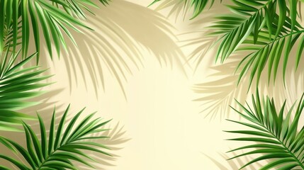 Lush green palm leaves frame a pale yellow background, casting long shadows. Ideal for summer, tropical, or vacation themes, adds a relaxing, natural feel to designs.