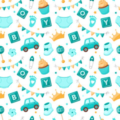 Seamless pattern with cute baby boy themed elements like a car, booties, a crown, and the letter B on a white background. Vector illustration