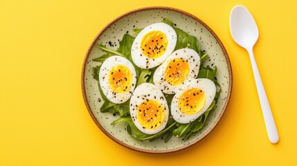 A plate of hard-boiled eggs with sesame seeds and spinach on a yellow background.