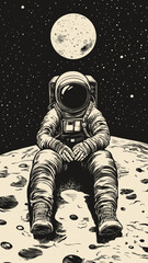 Lonely Astronaut on Moon Vintage Woodcut Style Exploring Space Retro Graphic Art