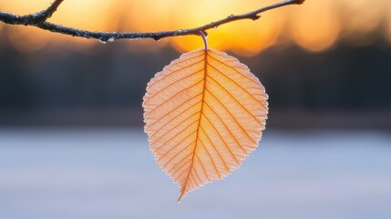 A single leaf hangs from a branch.