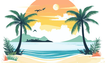 Obraz premium Tropical Beach Scene with Sunset and Palm Trees Vector Illustration for Leisure Themes