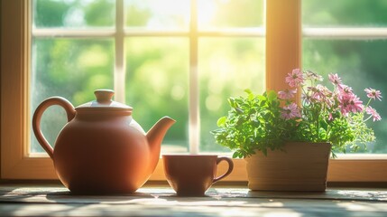 A teapot cup and flowers sit near a sunlit window pane
