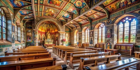 Obraz premium Ornate Chapel Interior with Vibrant Painted Ceilings and Wooden Pews