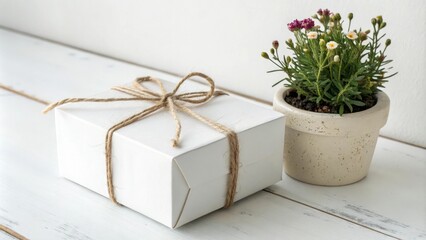 A minimalist white gift box tied with a natural twine ribbon and topped with a small potted flower, minimalism, flower, elegant